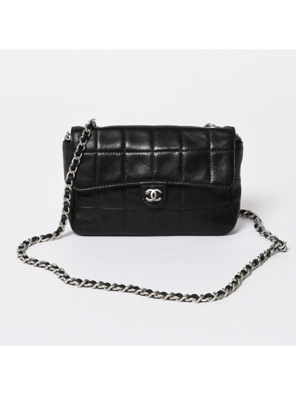 Chanel Choco Bar Chain Shoulder Bag CC Logo Lambskin Black Silver